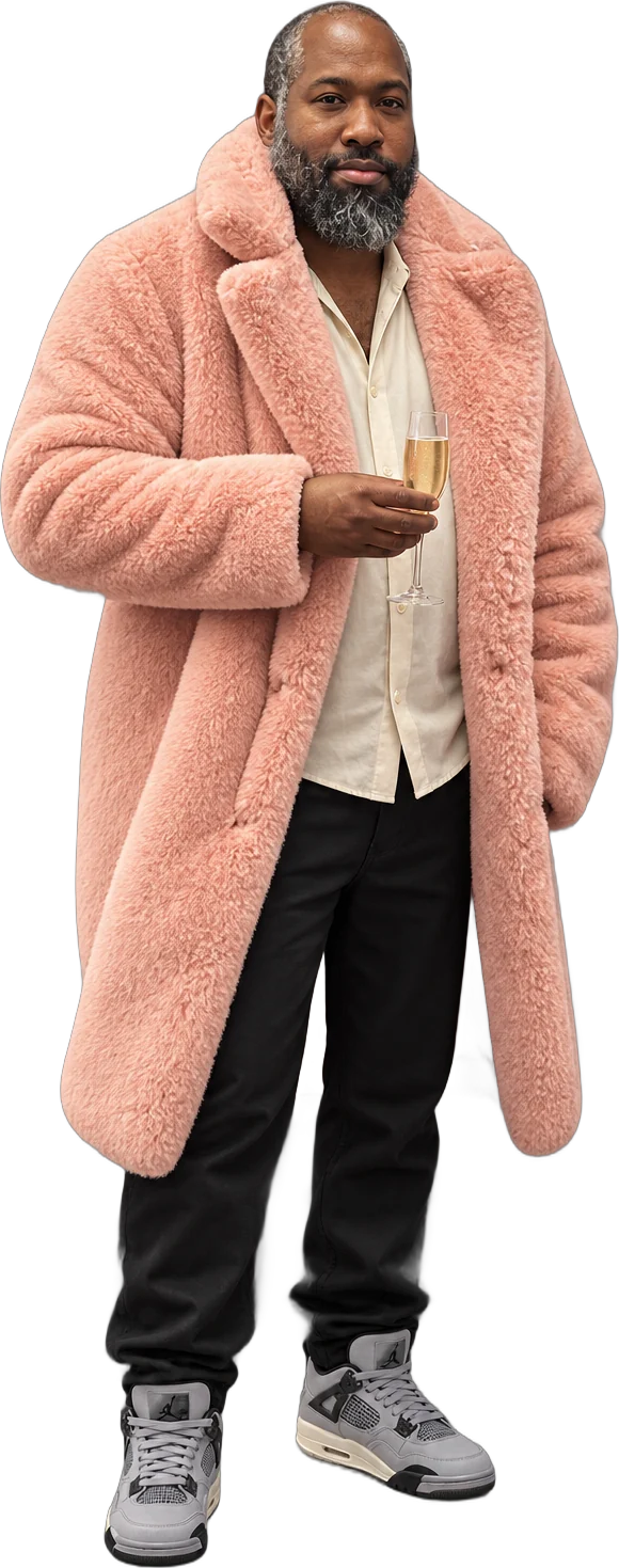 Dwayne in a long pink faux-fur coat, cream shirt and grey trainers, holding a glass of champagne